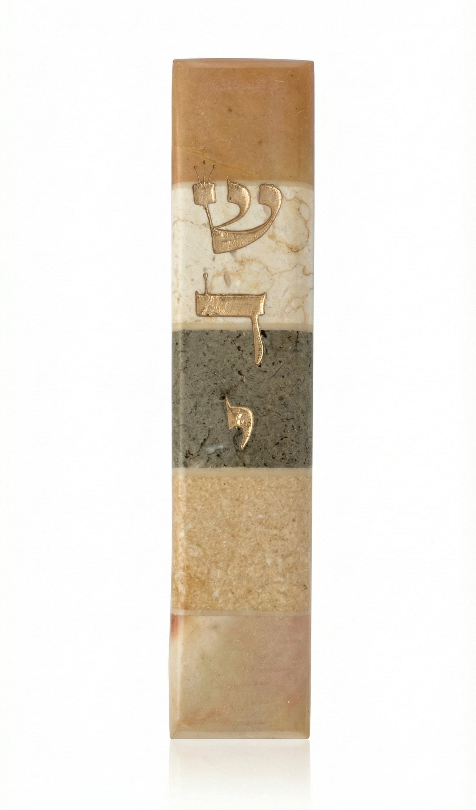 Elegant 5-inch natural stone Mezuzah with Hebrew inscriptions, designed for doorposts, finished with a polished look and included dual-sided tape.