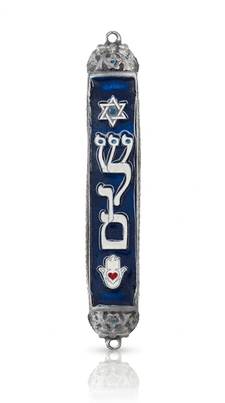 High-quality pewter Shalom Mezuzah, 5.1/2 inches tall, with intricate Hebrew engravings, ideal for blessing doorways in a Jewish home.