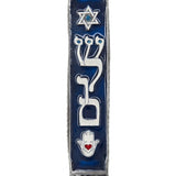 High-quality pewter Shalom Mezuzah, 5.1/2 inches tall, with intricate Hebrew engravings, ideal for blessing doorways in a Jewish home.