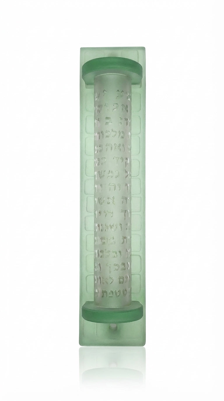 Handmade extra-large frosted glass mezuzah with Shema prayer engraving and Kotel image, designed for large doors in homes or synagogues.