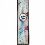 Shema Mezuzah crafted from wood and pewter, 6.75 inches tall, 1.375 inches wide, with detailed Hebrew engravings and decorative motifs.