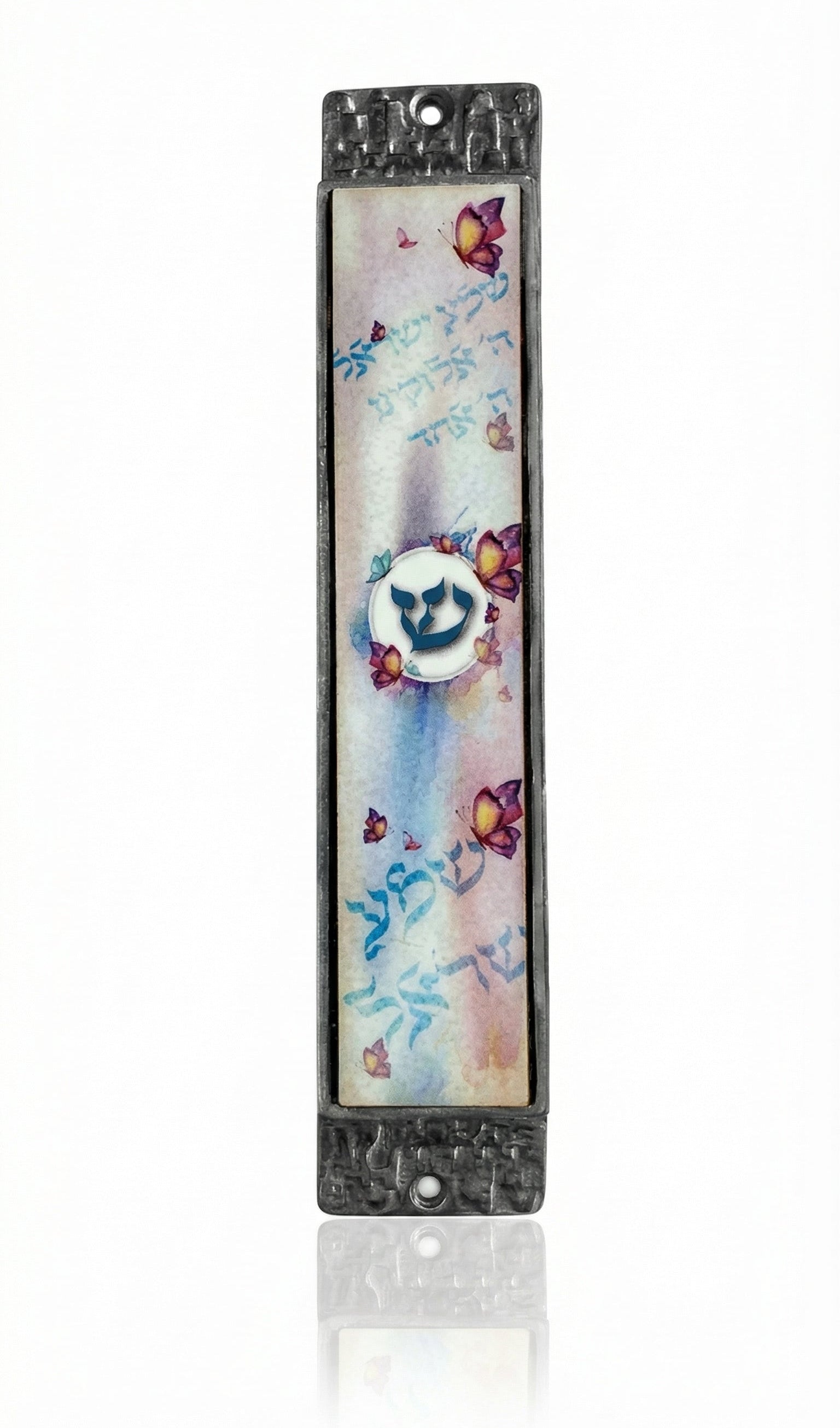 Shema Mezuzah crafted from wood and pewter, 6.75 inches tall, 1.375 inches wide, with detailed Hebrew engravings and decorative motifs.