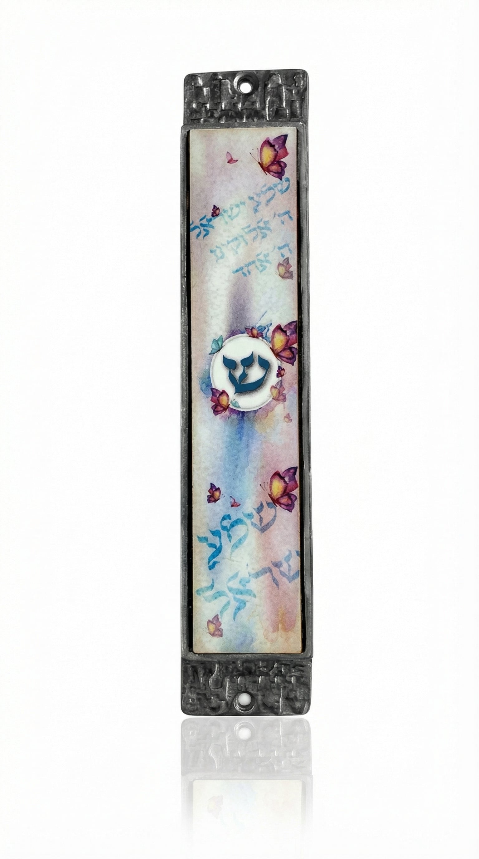 Shema Mezuzah crafted from wood and pewter, 6.75 inches tall, 1.375 inches wide, with detailed Hebrew engravings and decorative motifs.