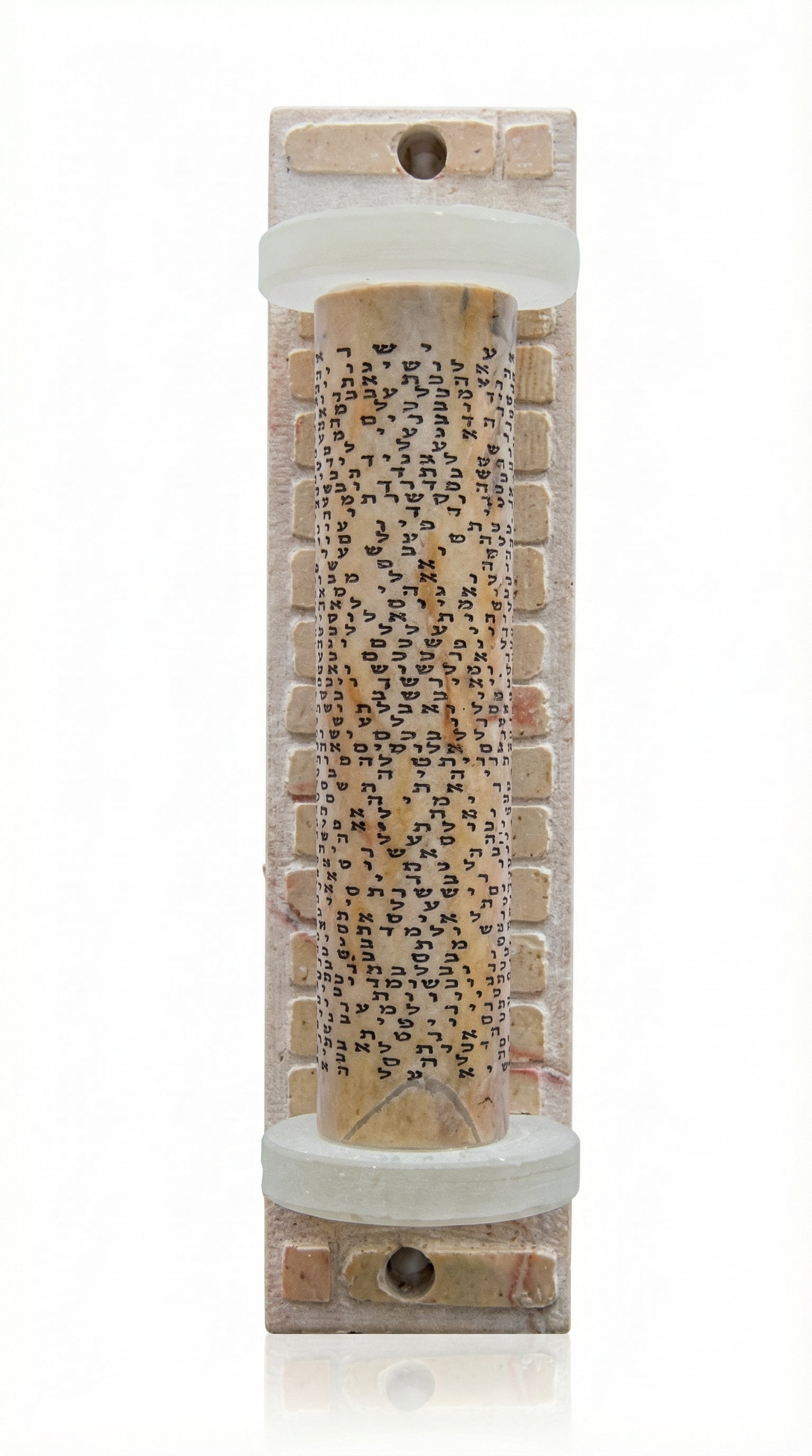 High-resolution image of a Shema Stone Mezuzah case with laser-engraved Shema prayer, mounted on Jerusalem Stone with glass cap, on a white studio surface.