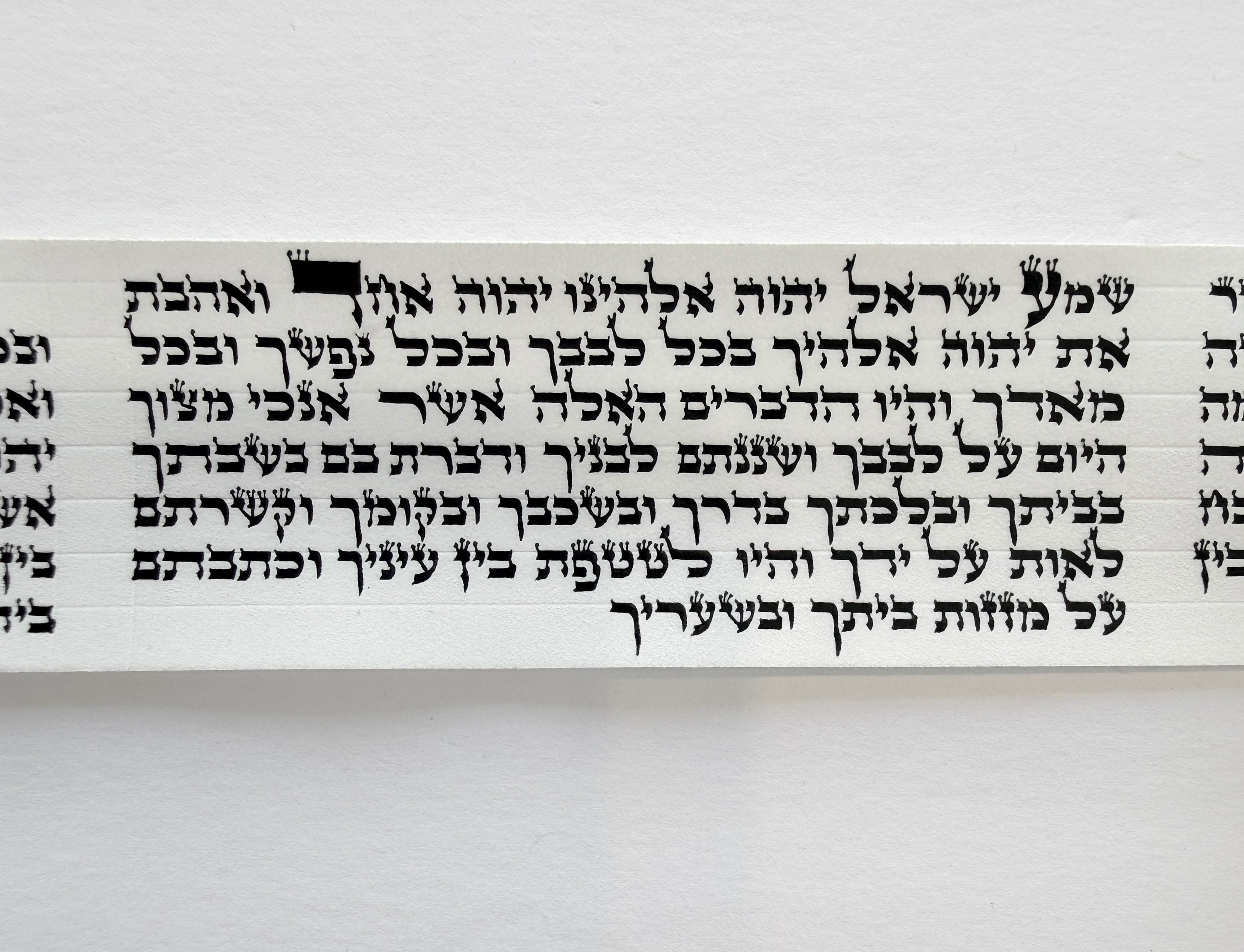 Shema Yisrael on klaf in ktav Alter Rebbe with tagin, sofer STaM parshiyos, Rabbeinu Tam tefillin