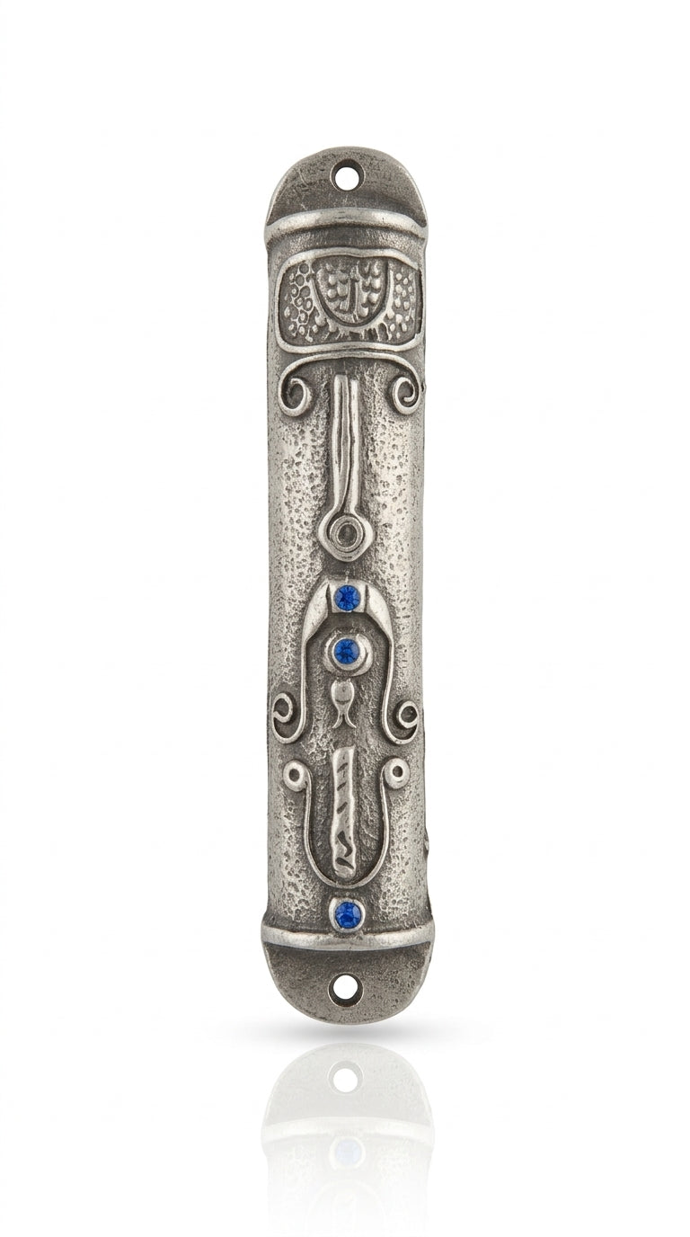 Elegant Shin Mezuzah with blue accents and intricate Middle Eastern motifs, mounted on a clean white background with soft reflection.