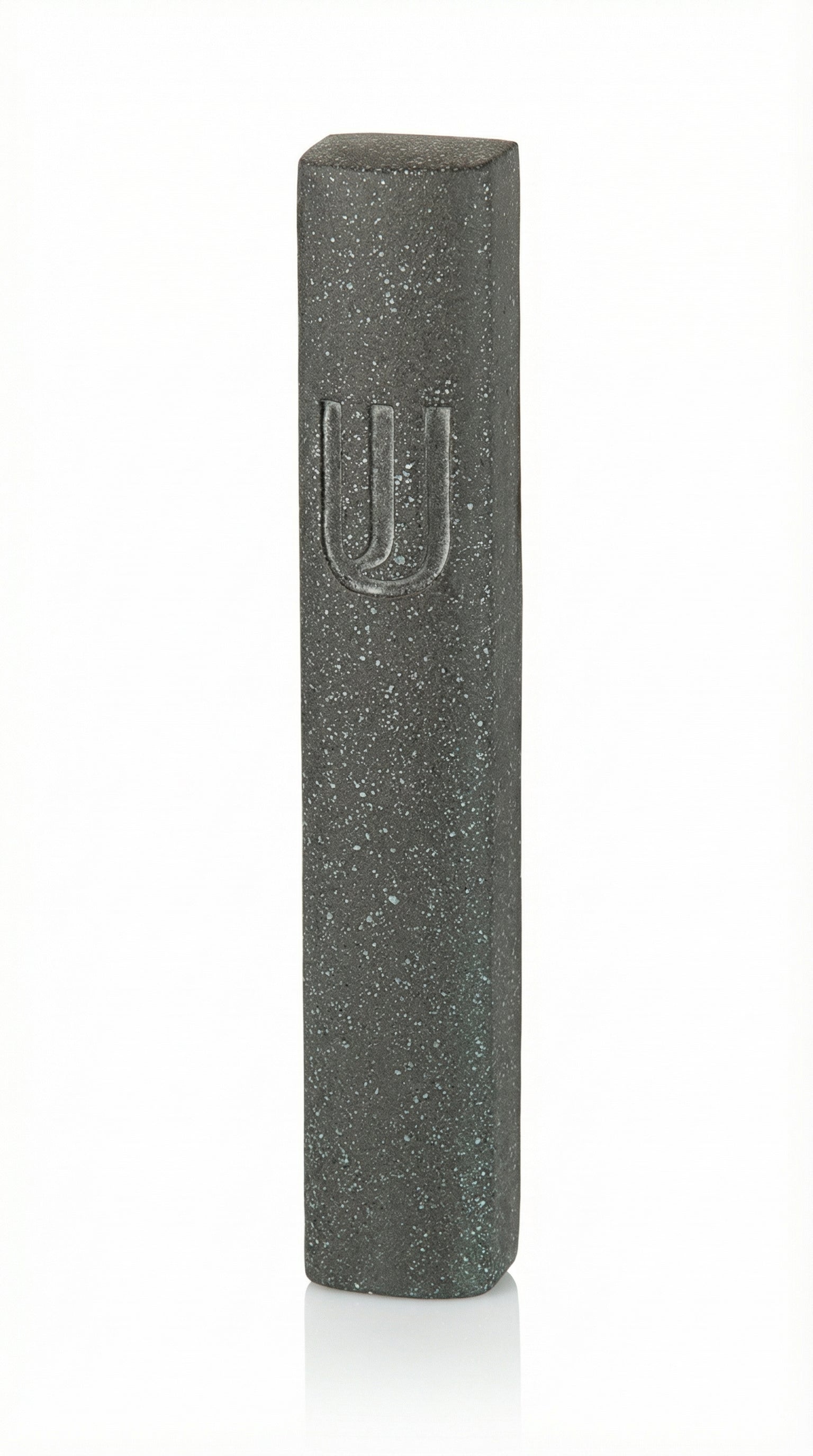 Upscaled Sholem Mezuzah made of cement from Israel, 6 inches tall, with detailed Hebrew engravings and decorative motifs, on a white studio background.