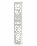 Blessings of Peace Silver Acrylic Mezuzah with Hebrew blessing cutout, silver scrollwork, clear acrylic body and crystal accents