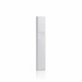 silver aluminum mezuzah mounted showing its exact shape and hardware for indoor and outdoor use