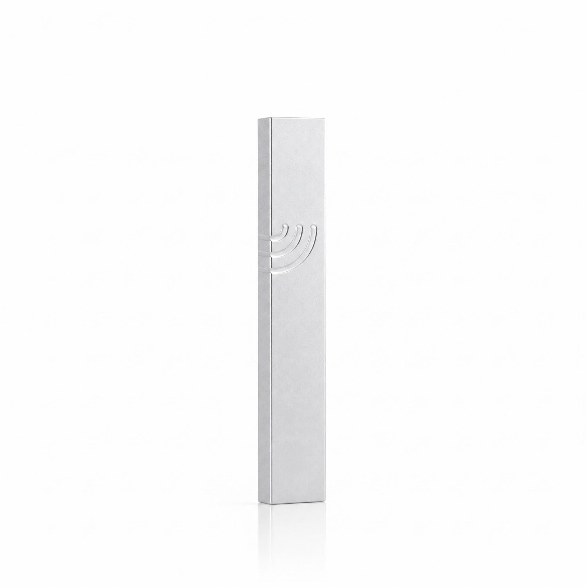 silver aluminum mezuzah mounted showing its exact shape and hardware for indoor and outdoor use