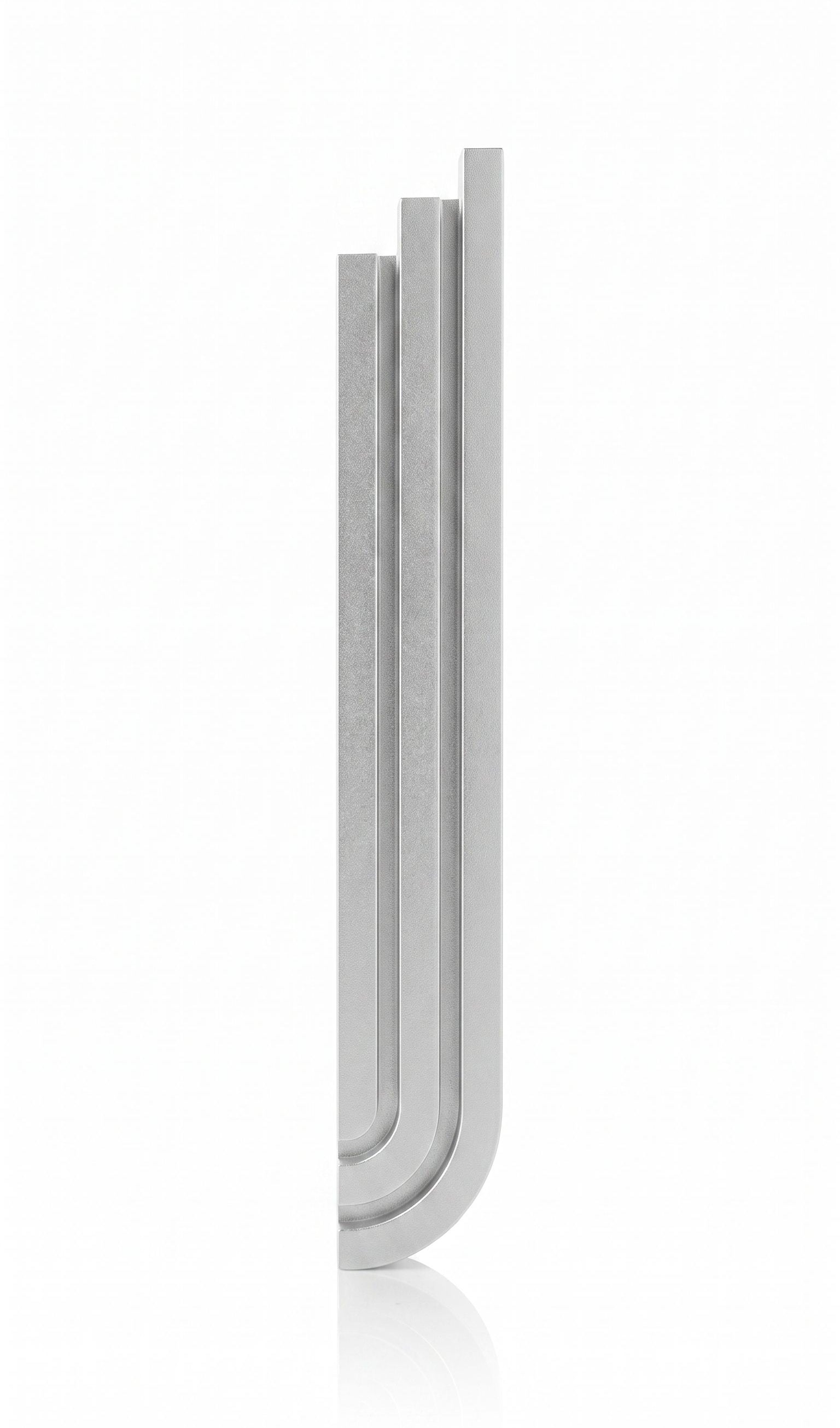Silver aluminum mezuzah with three rising rectangular bars in a curved cascade, suitable for indoor and outdoor doorposts.