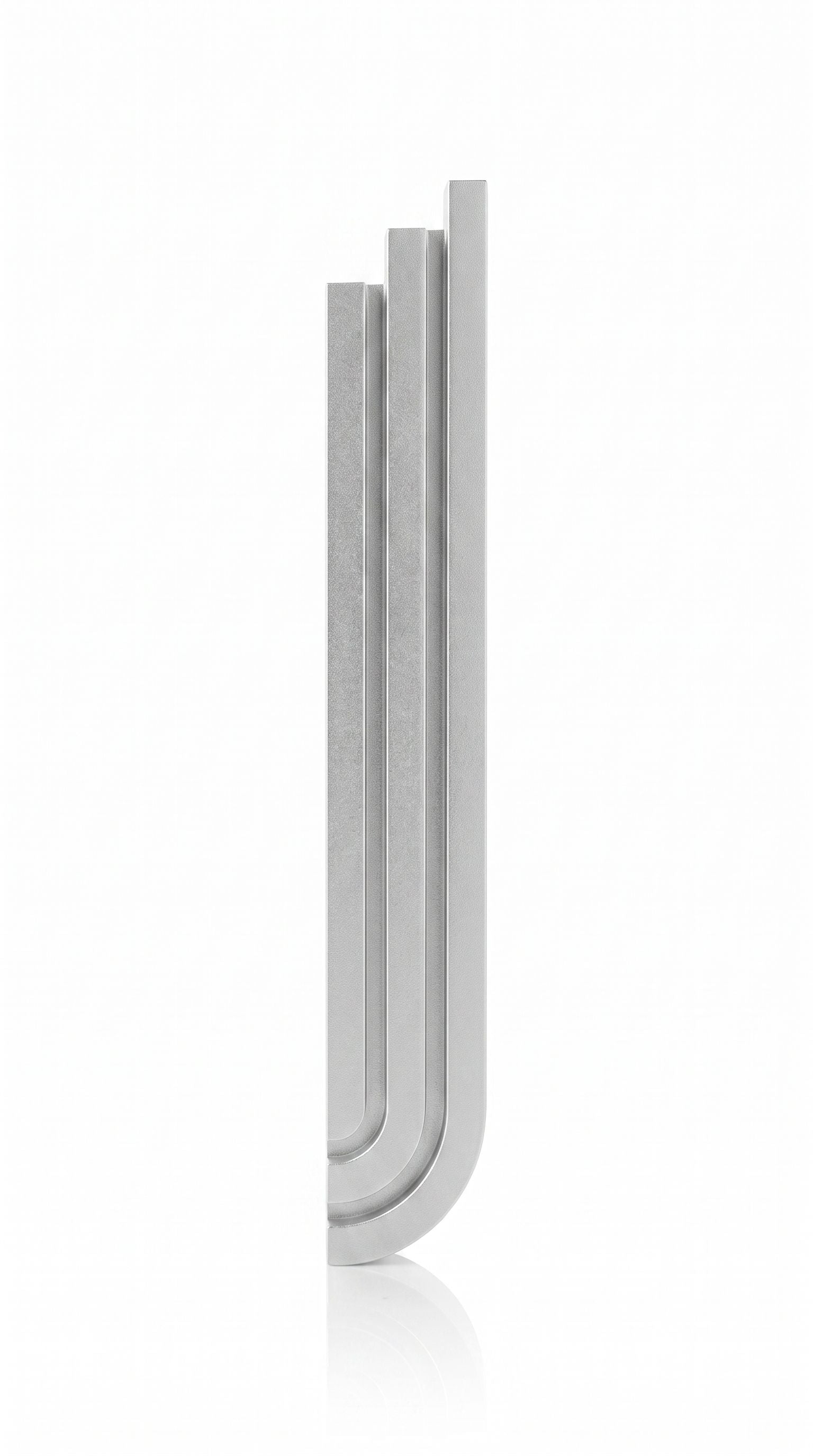 Silver aluminum mezuzah with three rising rectangular bars in a curved cascade, suitable for indoor and outdoor doorposts.