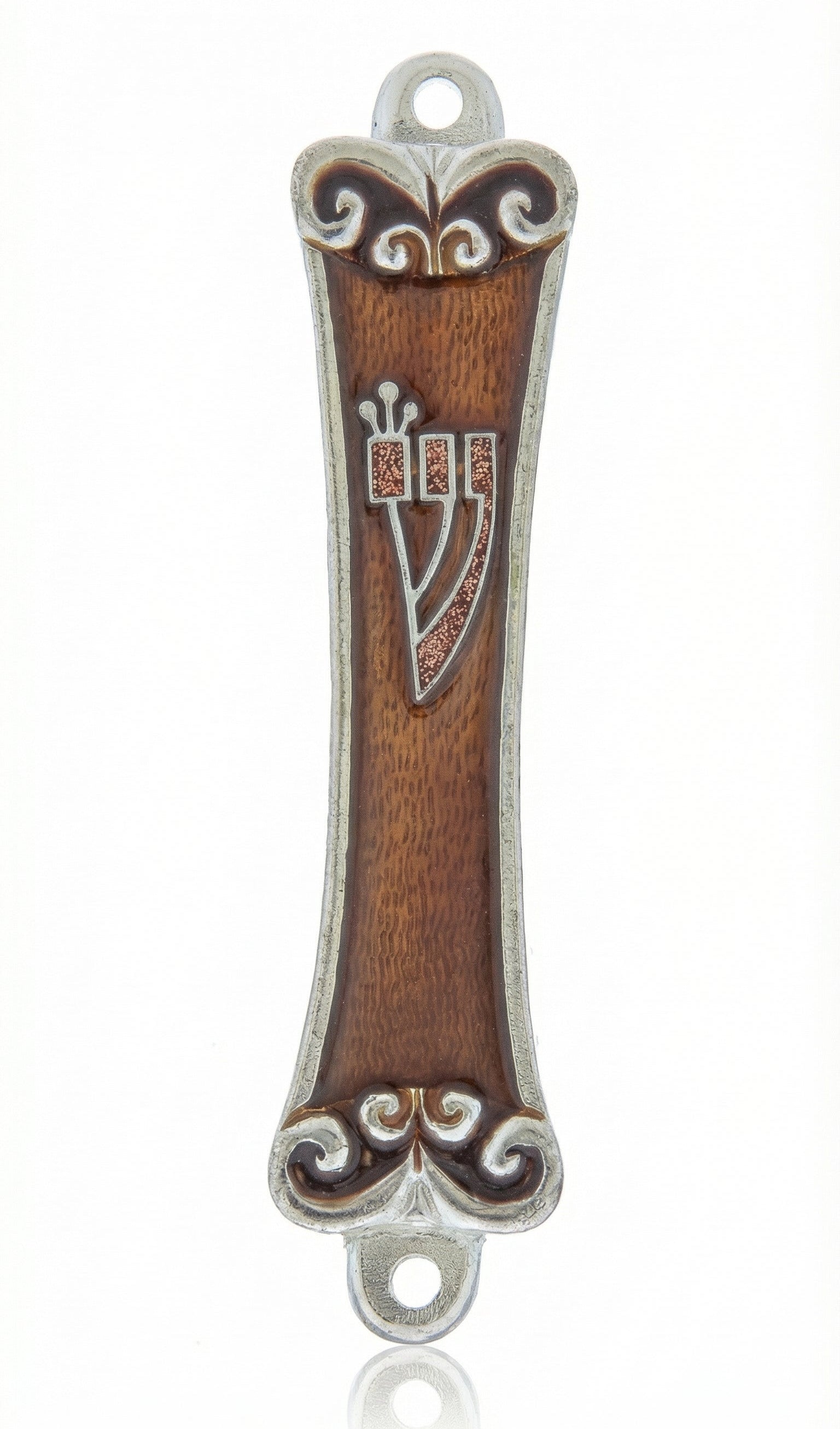 Elegant silver and amber mezuzah with hand-painted floral accents and Hebrew inscriptions, displayed on a white studio background with soft reflection.