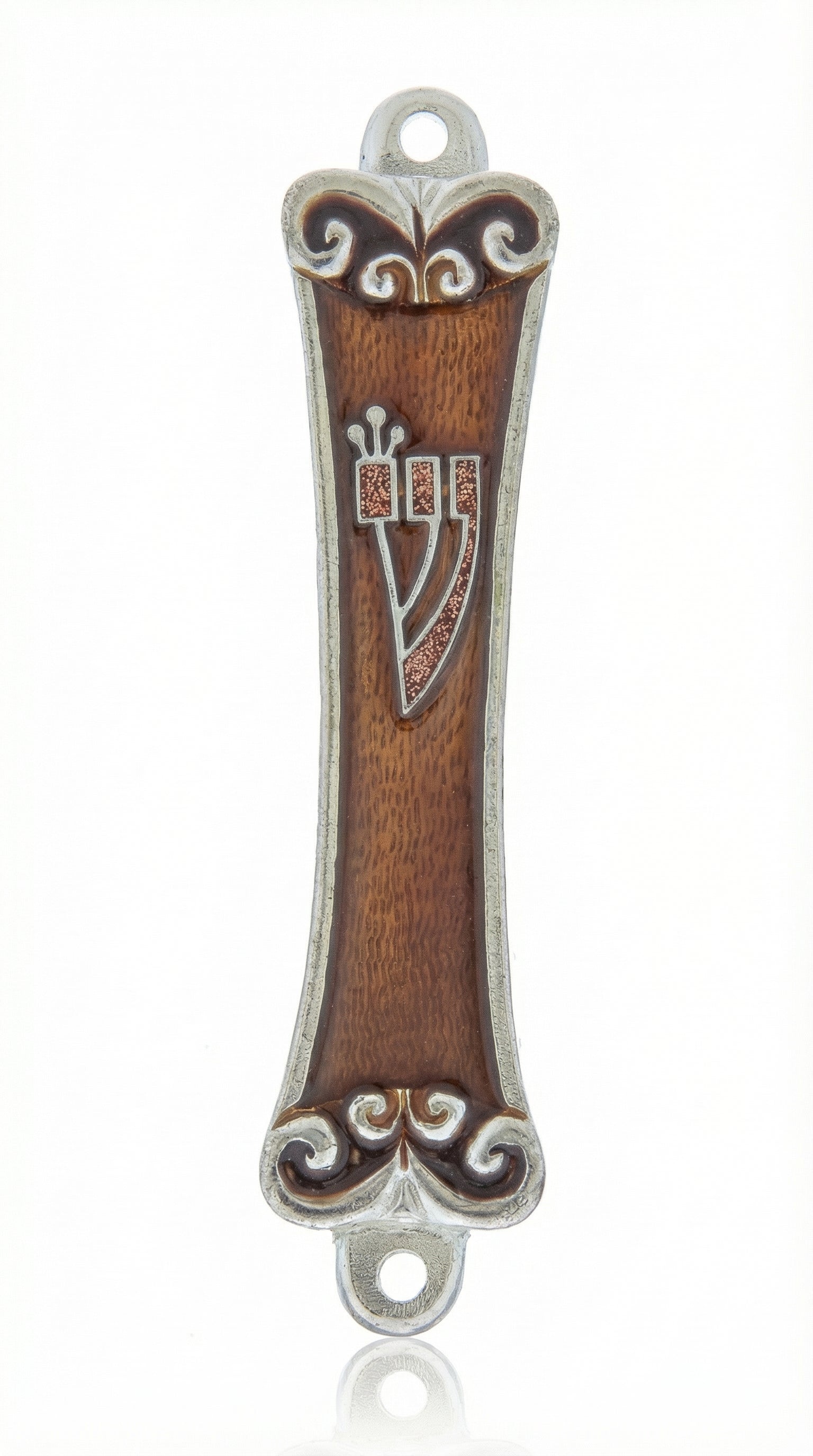 Elegant silver and amber mezuzah with hand-painted floral accents and Hebrew inscriptions, displayed on a white studio background with soft reflection.