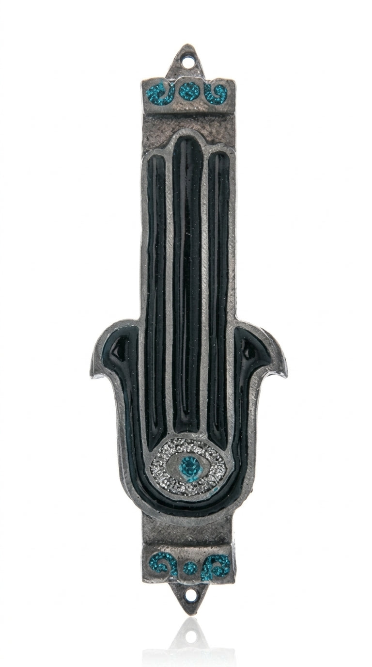 Silver Blue Hamsa Guard pewter mezuzah case with central eye design, sparkling blue enamel, silver accents, and 2.8-inch scroll fit