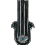 Silver Blue Hamsa Guard pewter mezuzah case with central eye design, sparkling blue enamel, silver accents, and 2.8-inch scroll fit