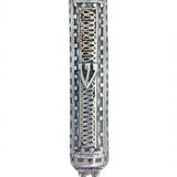 Sterling silver filigree accordion mezuzah with intricate design and Hebrew engravings, displayed on a white studio surface with soft reflection.