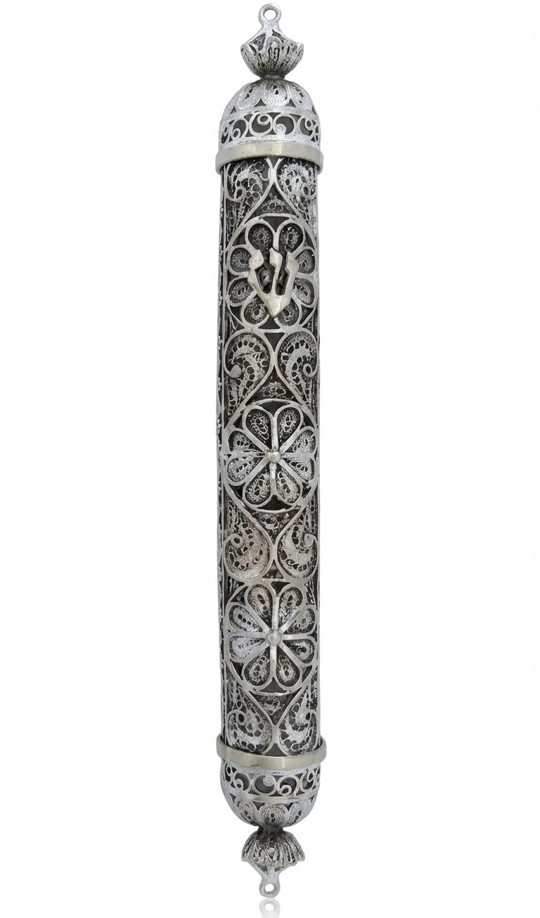 Detailed silver filigree crown mezuzah crafted from 925 sterling silver with intricate lacework and drop-shaped domes, perfect for Jewish home decor.