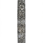 Detailed silver filigree crown mezuzah crafted from 925 sterling silver with intricate lacework and drop-shaped domes, perfect for Jewish home decor.