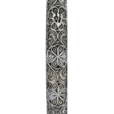 Detailed silver filigree crown mezuzah crafted from 925 sterling silver with intricate lacework and drop-shaped domes, perfect for Jewish home decor.