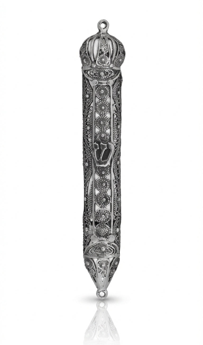 Sterling silver filigree crown-shaped Mezuzah with detailed Hebrew engravings, 3.5 inches tall, on a white background with soft reflection.