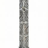 handcrafted 925 sterling silver mezuzah with intricate lacework, drop-shaped domes, and elliptical patterns