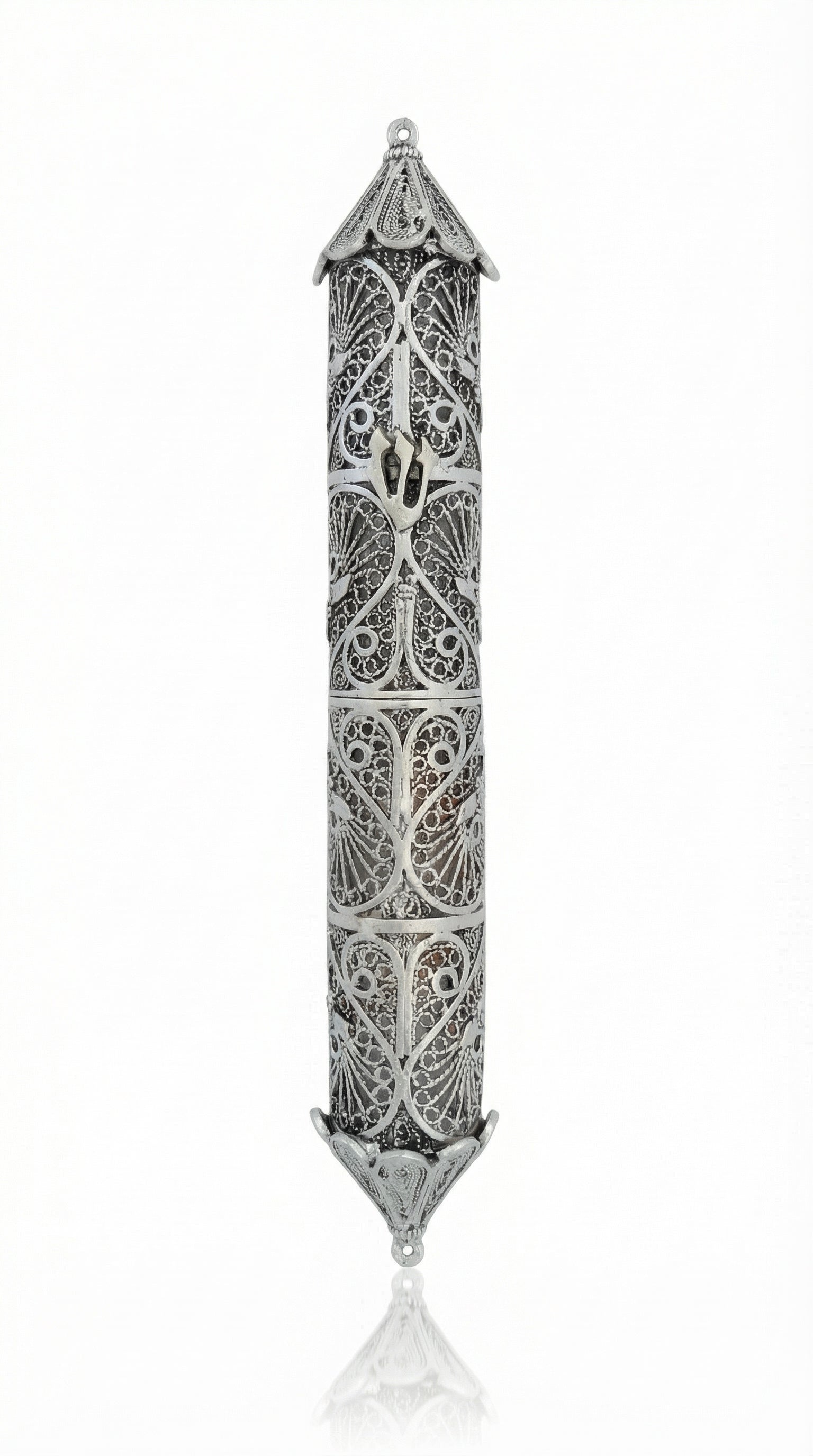 handcrafted 925 sterling silver mezuzah with intricate lacework, drop-shaped domes, and elliptical patterns