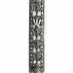 Sterling silver handmade mezuzah with intricate details, 3-inch size, displayed on a clean white studio background with subtle reflection.
