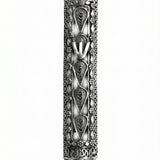 Sterling silver handmade mezuzah with intricate details, 3-inch size, displayed on a clean white studio background with subtle reflection.