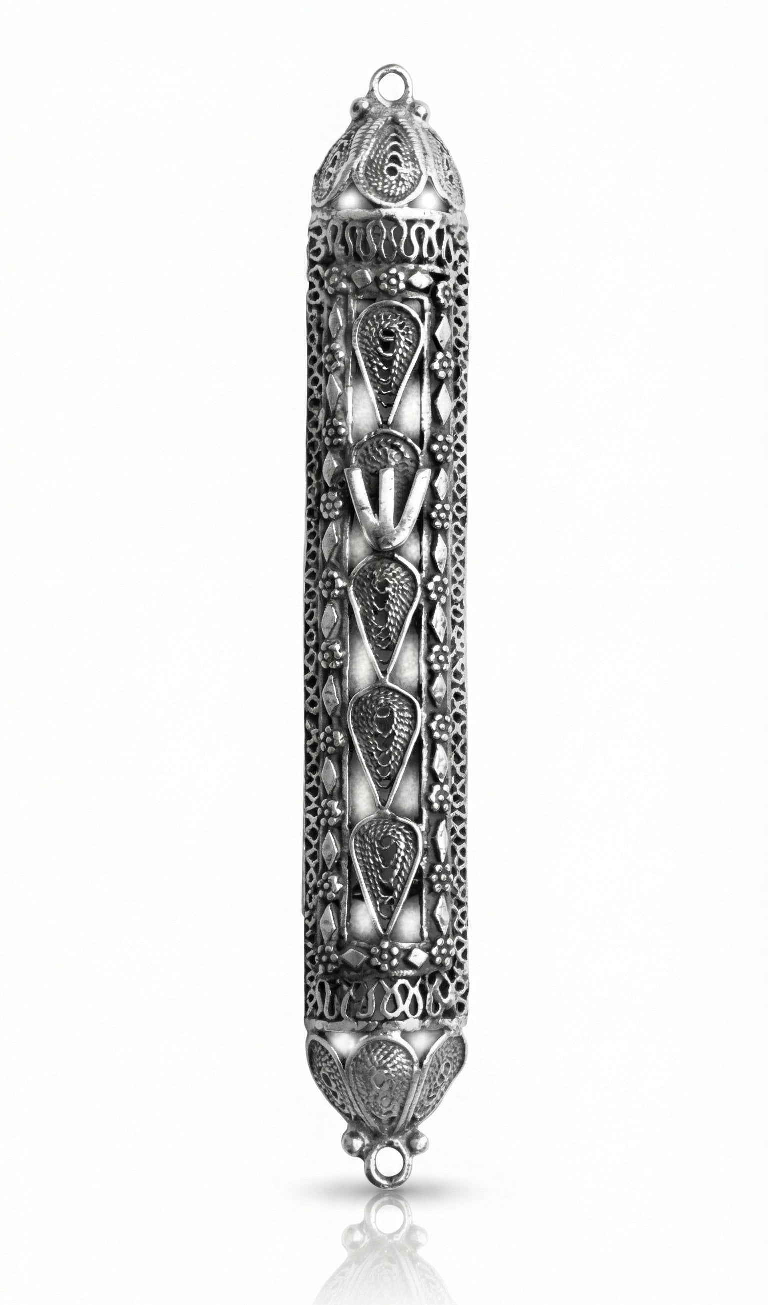 Sterling silver handmade mezuzah with intricate details, 3-inch size, displayed on a clean white studio background with subtle reflection.