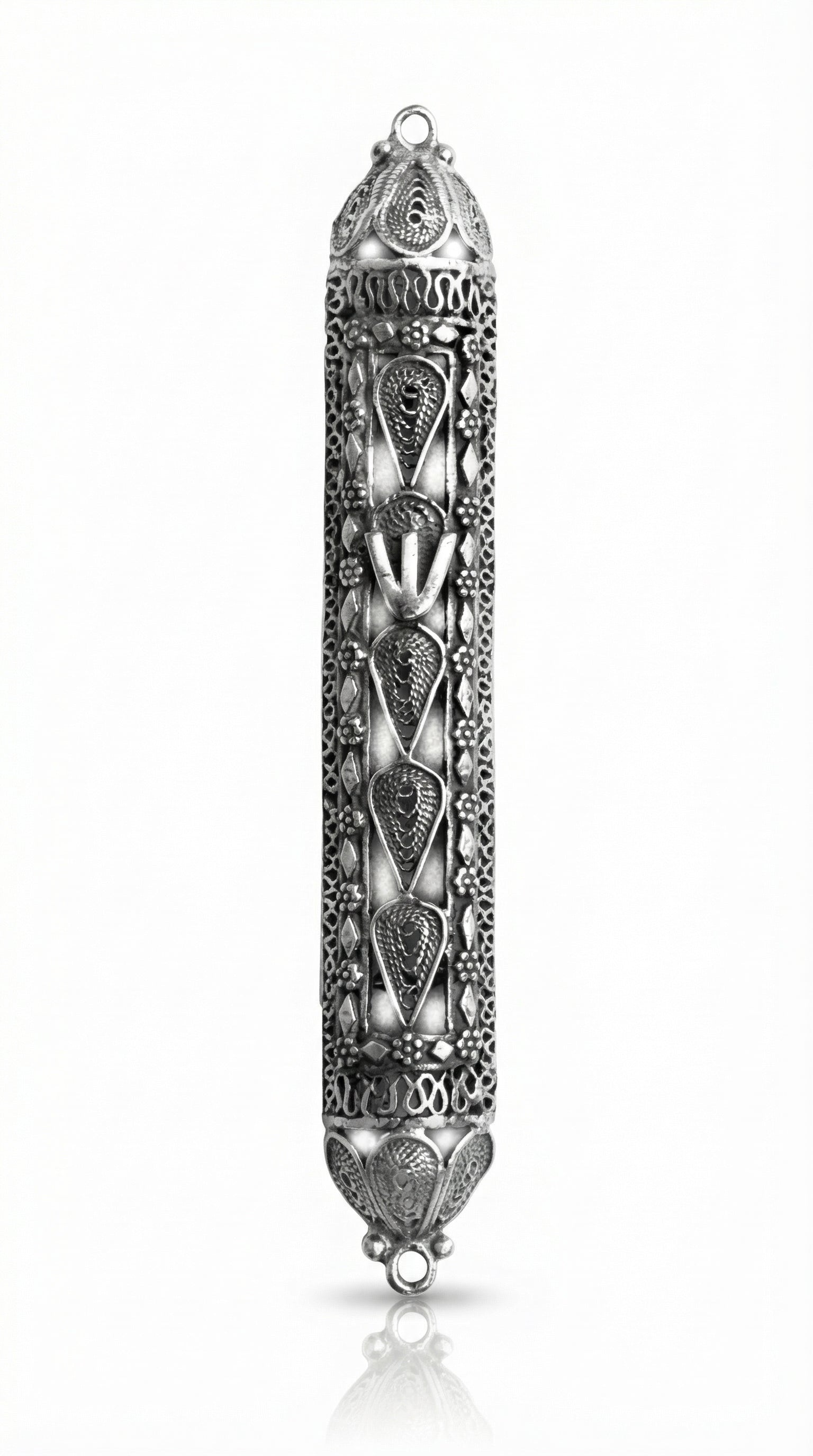 Sterling silver handmade mezuzah with intricate details, 3-inch size, displayed on a clean white studio background with subtle reflection.