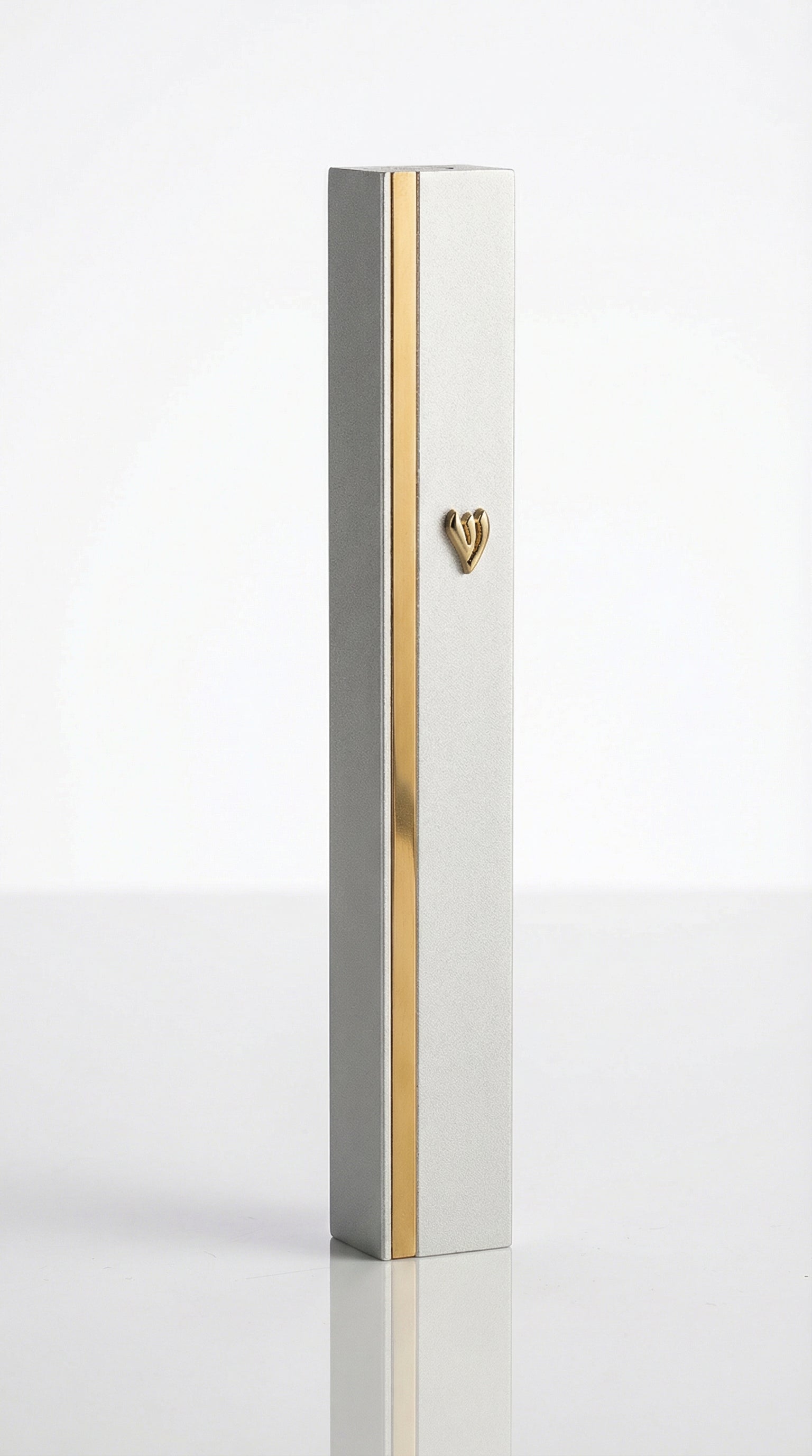 Modern aluminum mezuzah with matte silver surface and golden stripe accents for contemporary Jewish homes