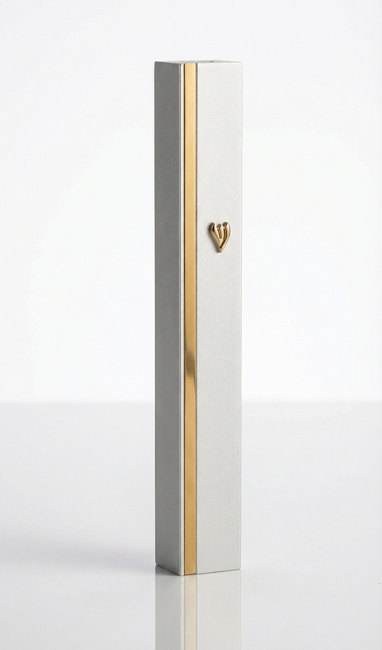 Modern aluminum mezuzah with matte silver surface and golden stripe accents for contemporary Jewish homes
