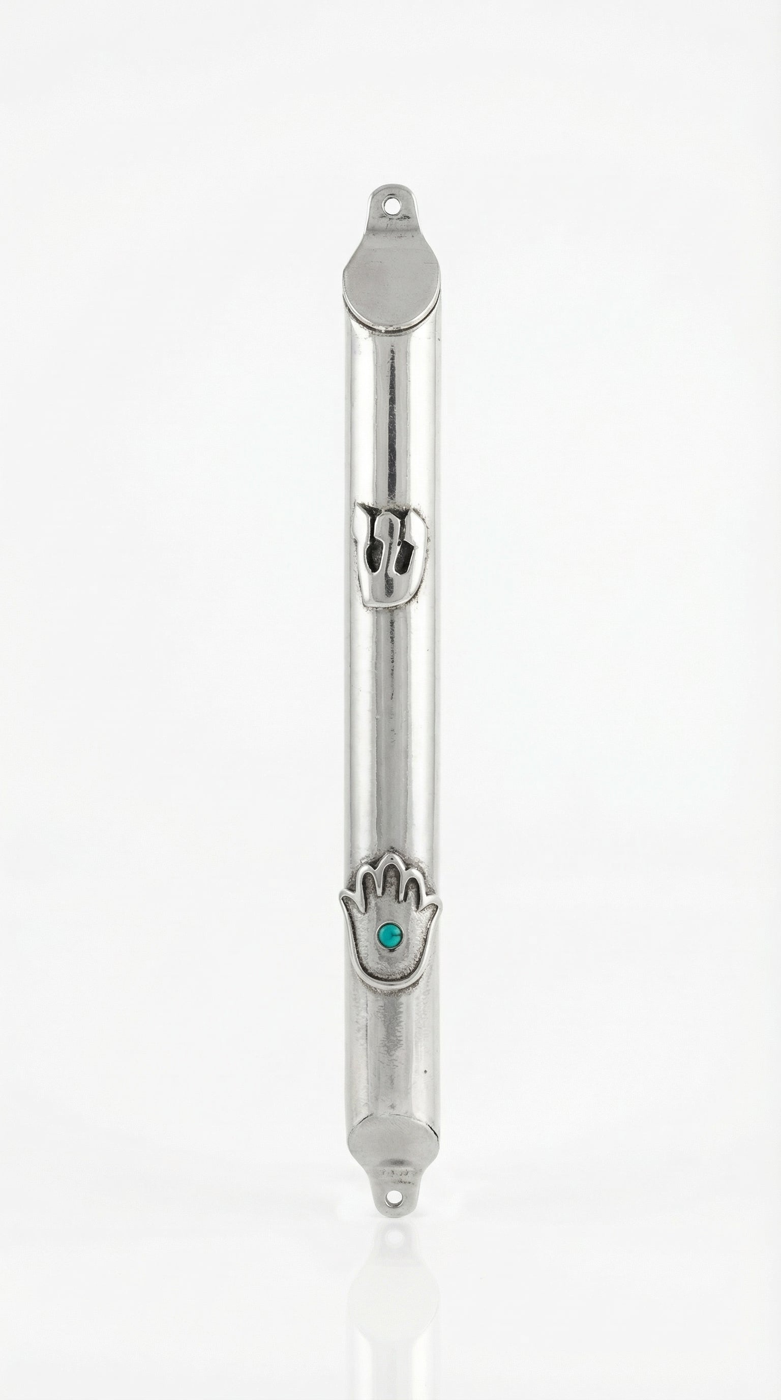 Sterling silver Mezuzah with Hamsa design and turquoise detail, on a white studio background with a soft reflection.