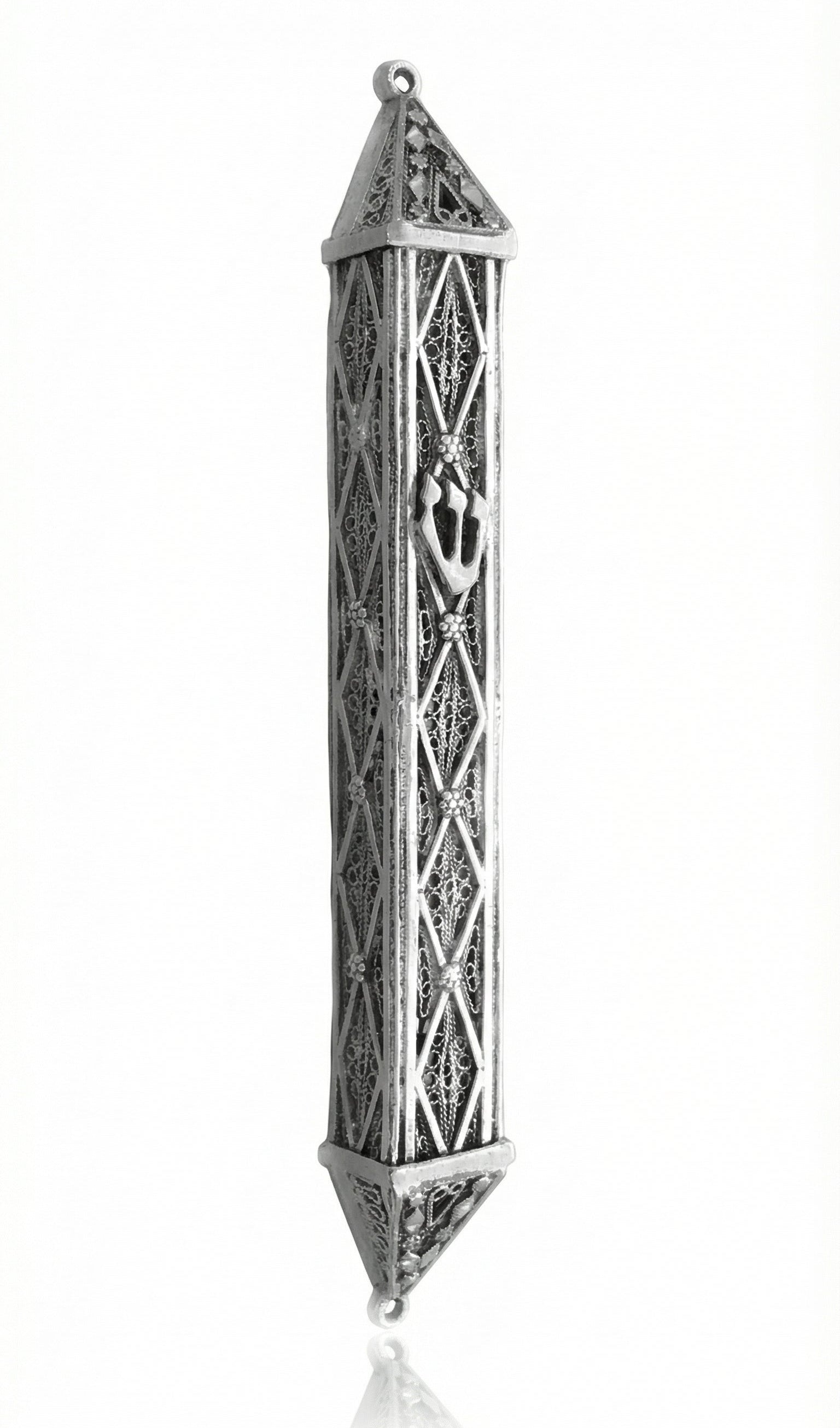 Handmade silver mezuzah with Argyle diamond floral pattern and carved Shin, crafted in Italy with traditional techniques.