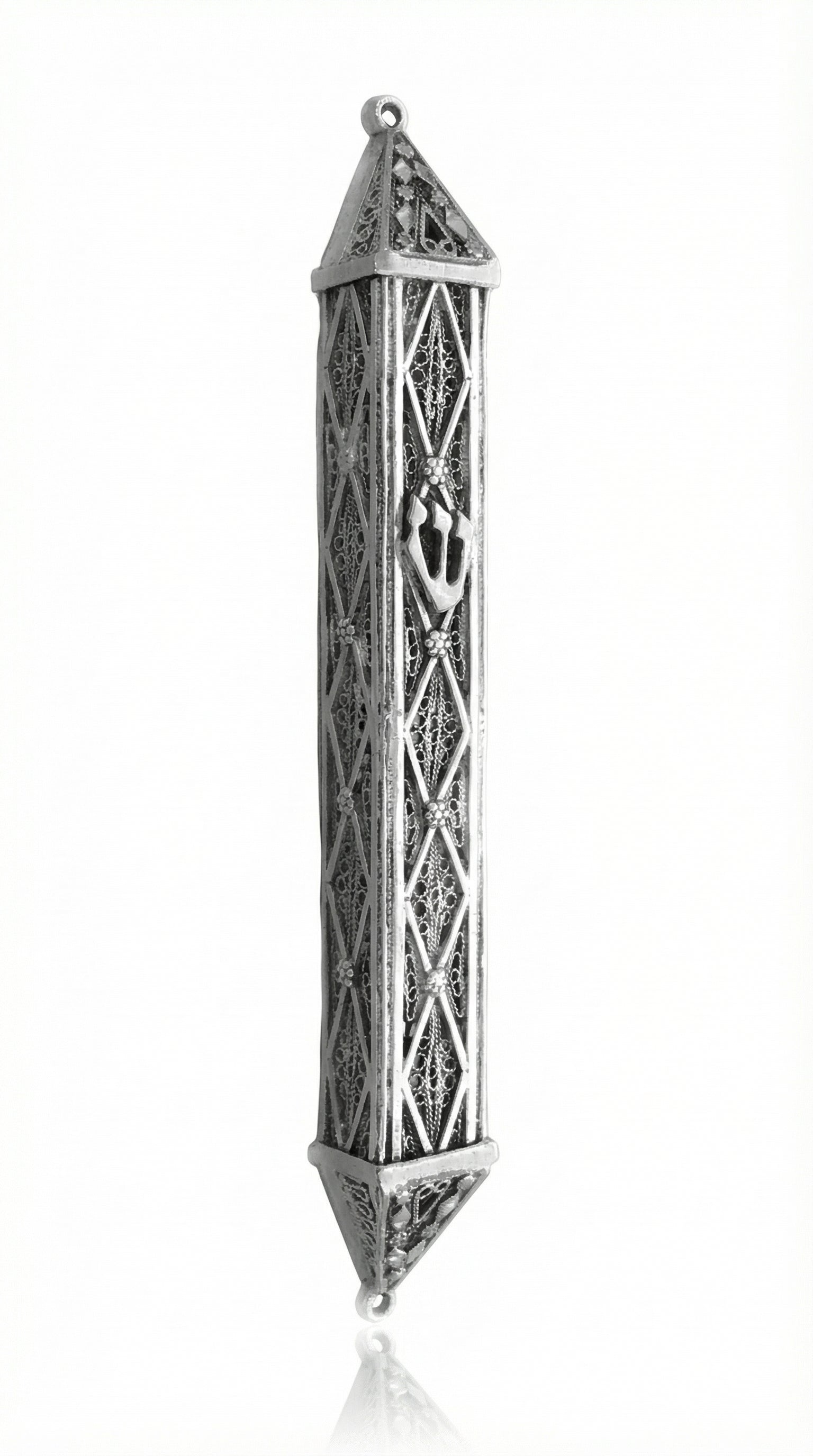 Handmade silver mezuzah with Argyle diamond floral pattern and carved Shin, crafted in Italy with traditional techniques.