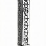 Handmade Italian sterling silver mezuzah with diamond-patterned tracery, intricate carved 'Shin', detailed engraving, and decorative motifs.
