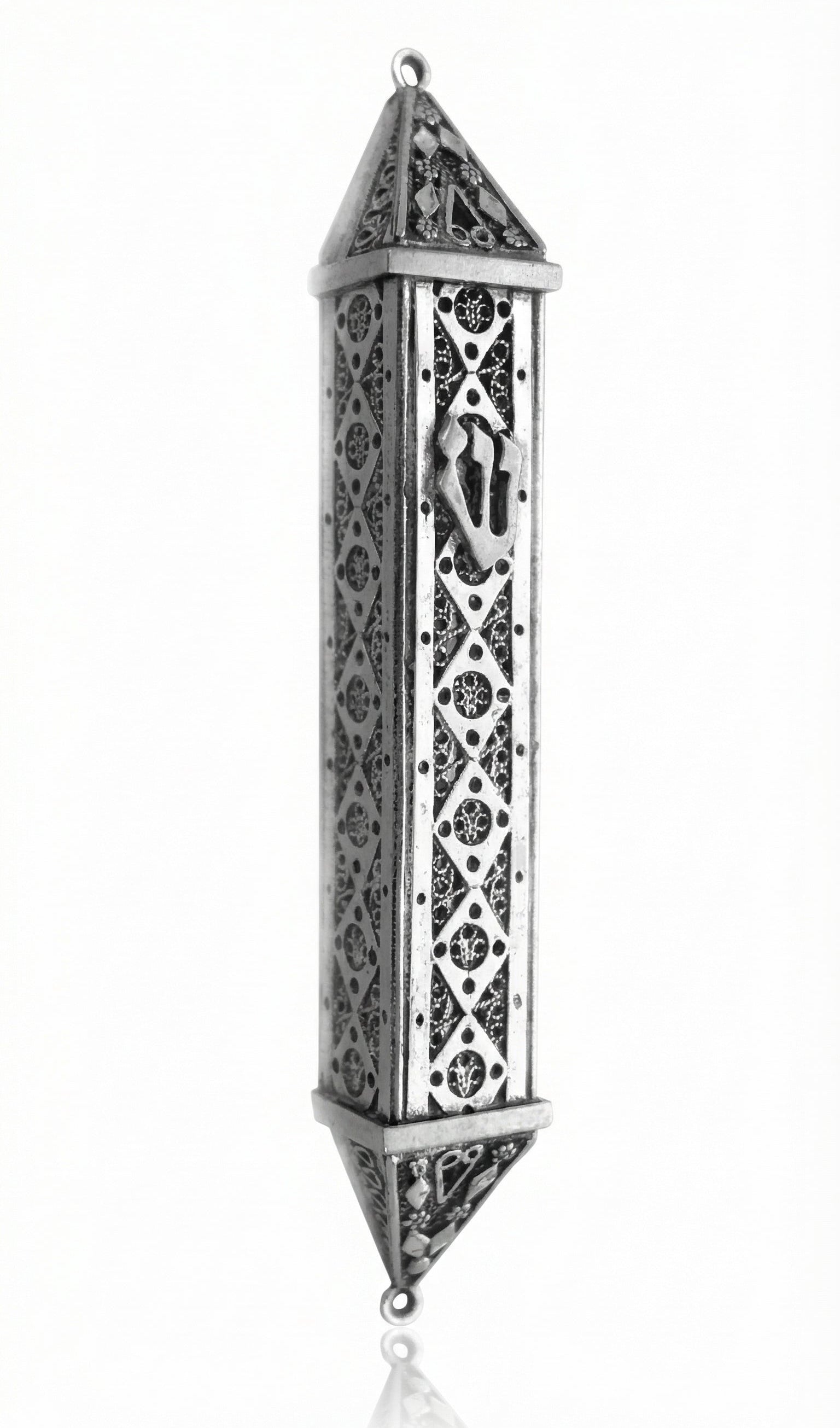 Handmade Italian sterling silver mezuzah with diamond-patterned tracery, intricate carved 'Shin', detailed engraving, and decorative motifs.