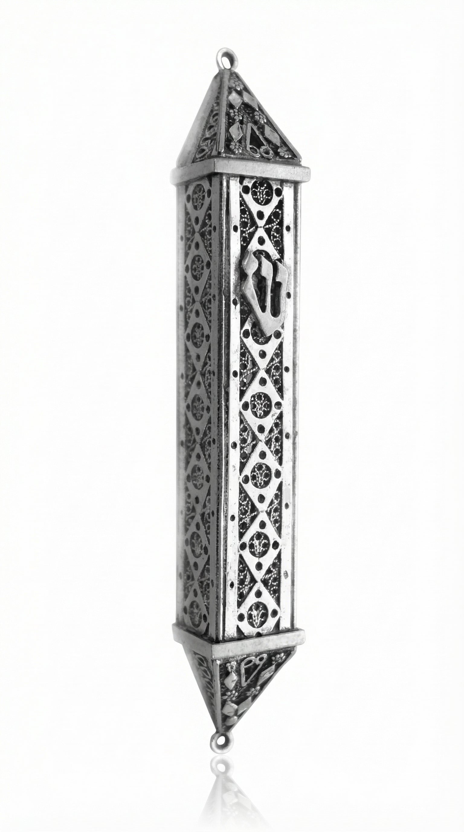 Handmade Italian sterling silver mezuzah with diamond-patterned tracery, intricate carved 'Shin', detailed engraving, and decorative motifs.