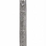 Large handcrafted sterling silver mezuzah with intricate filigree and transparent design, showcasing Hebrew script and decorative motifs, on a white studio background with subtle reflection.