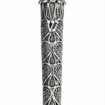 Silver mezuzah with raindrop symbols, handmade Italian craftsmanship, detailed silver and gold finish, mounted on a plain white background.