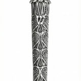 Silver mezuzah with raindrop symbols, handmade Italian craftsmanship, detailed silver and gold finish, mounted on a plain white background.
