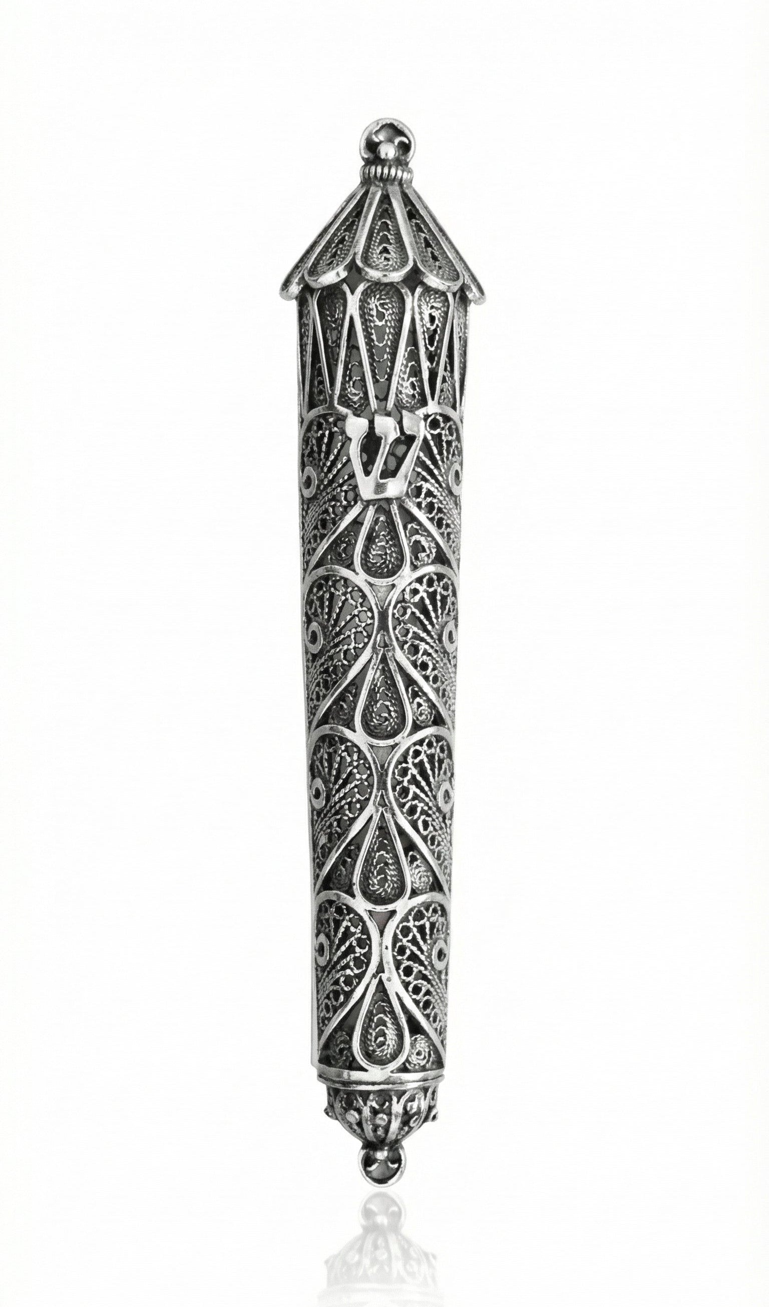 Silver mezuzah with raindrop symbols, handmade Italian craftsmanship, detailed silver and gold finish, mounted on a plain white background.
