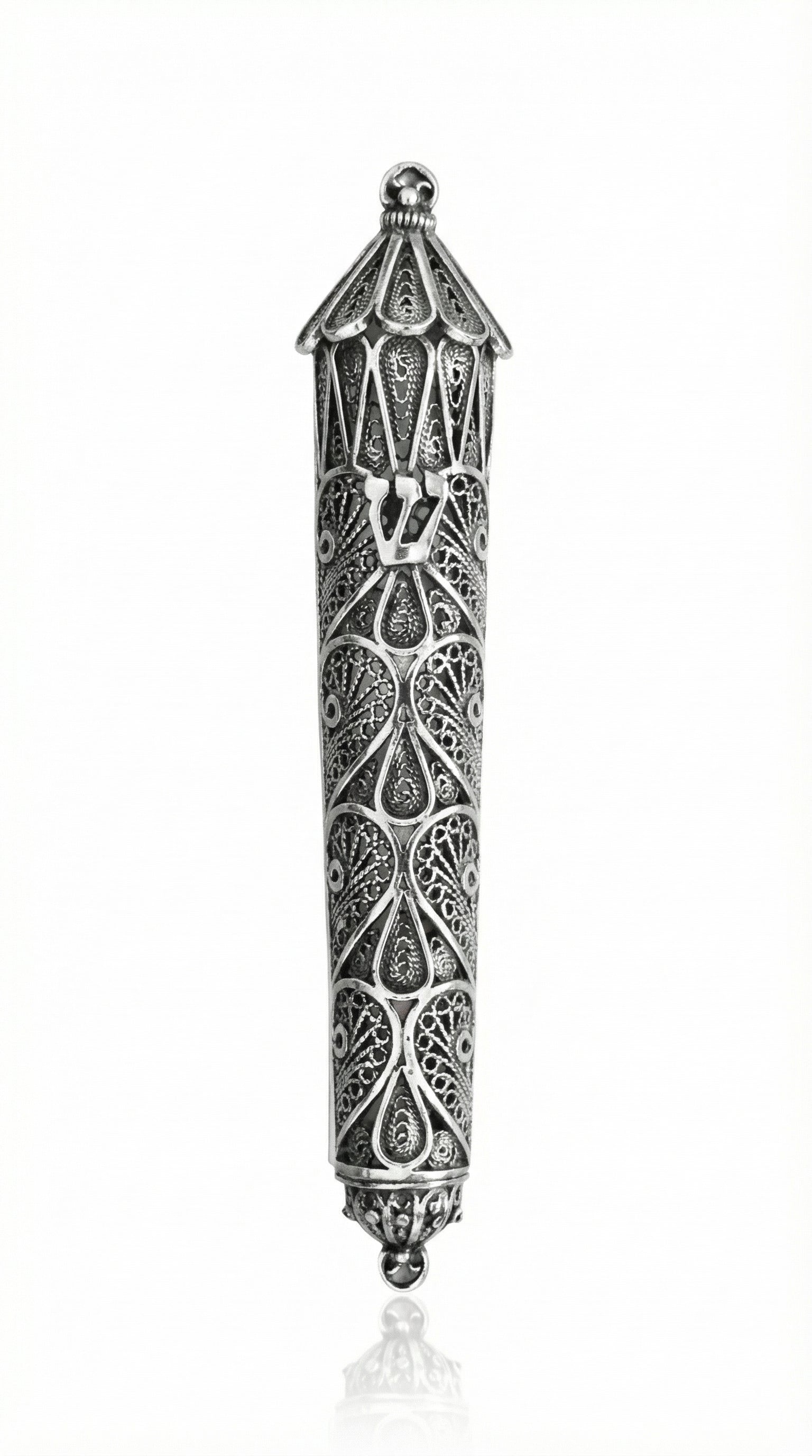 Silver mezuzah with raindrop symbols, handmade Italian craftsmanship, detailed silver and gold finish, mounted on a plain white background.