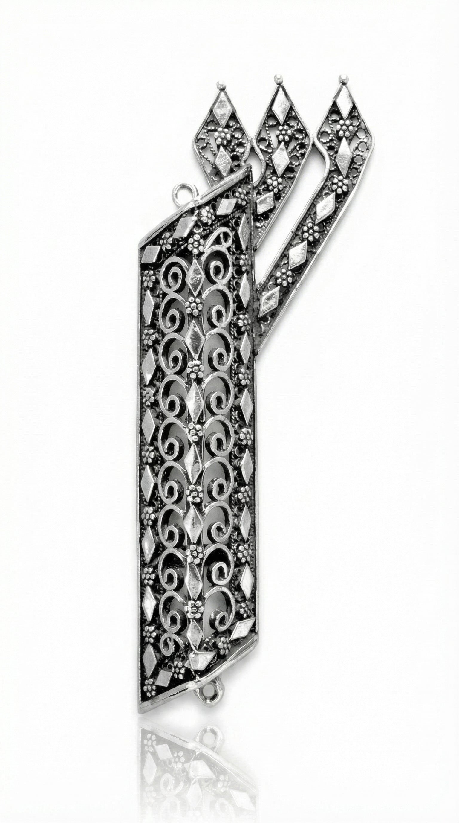 handcrafted silver Mezuzah Shin with Yemenite style decoration, detailed silver craftsmanship