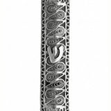 Handcrafted sterling silver Mezuzah with swirl design, detailed engravings, and Hebrew letters, showcased against a bright white background with soft reflection.