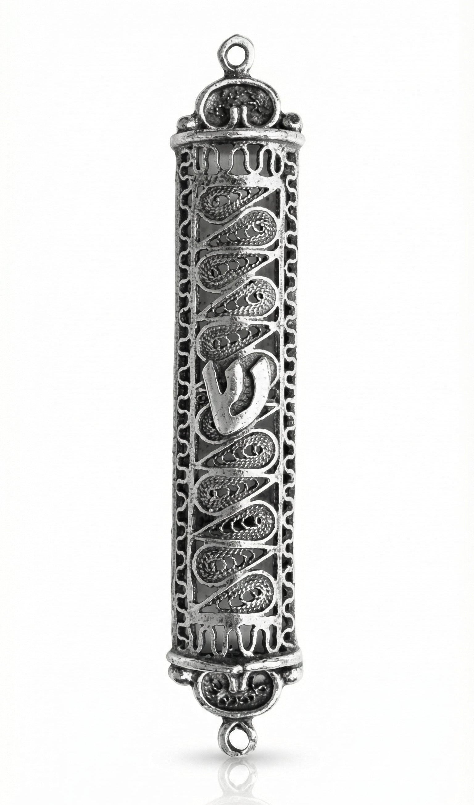 Handcrafted sterling silver Mezuzah with swirl design, detailed engravings, and Hebrew letters, showcased against a bright white background with soft reflection.