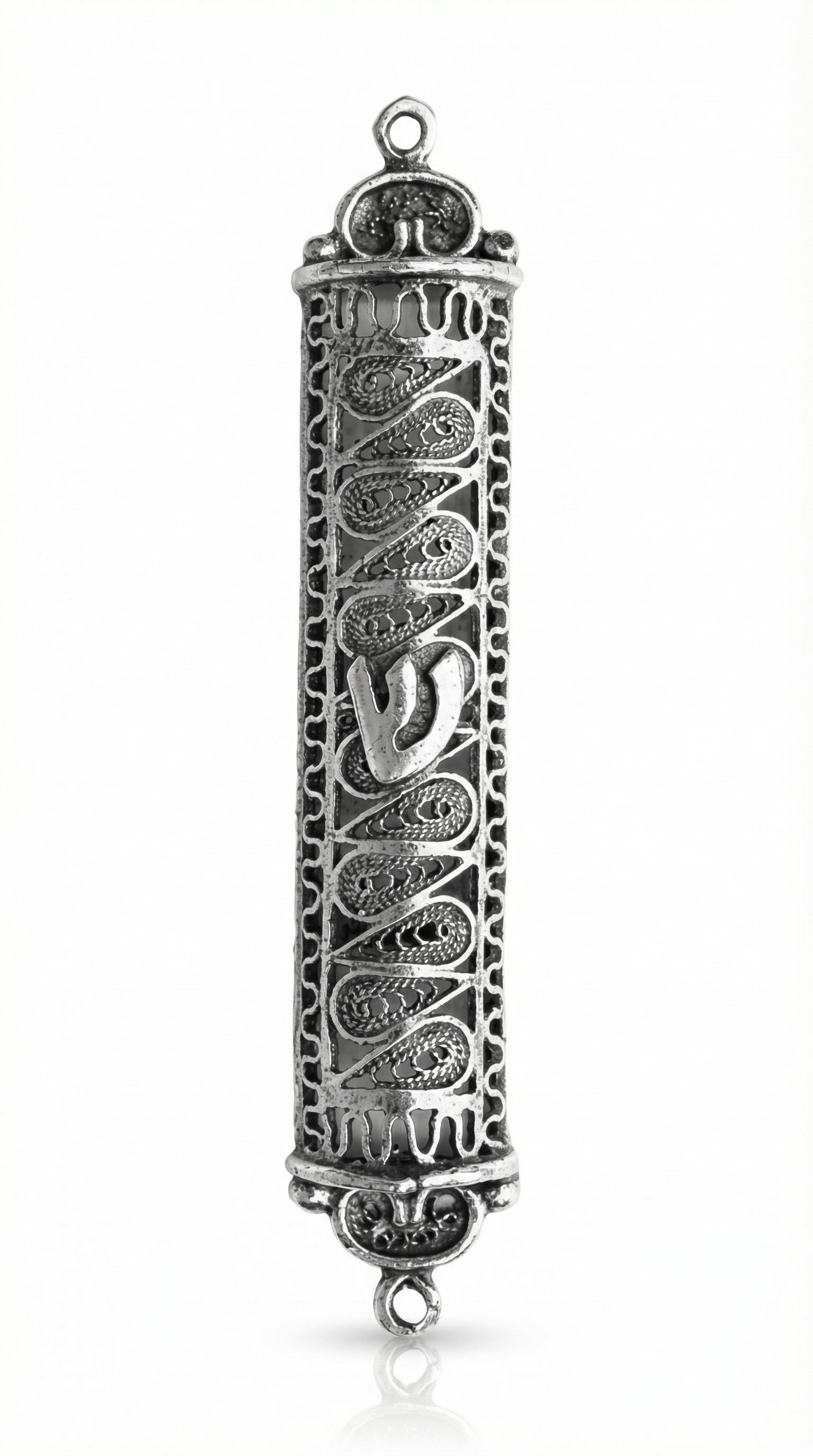 Handcrafted sterling silver Mezuzah with swirl design, detailed engravings, and Hebrew letters, showcased against a bright white background with soft reflection.