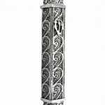 Sterling silver Mezuzah with wave design, featuring filigree leaf and Sha-dai, handcrafted with historical Italian silversmith techniques, on a white background.