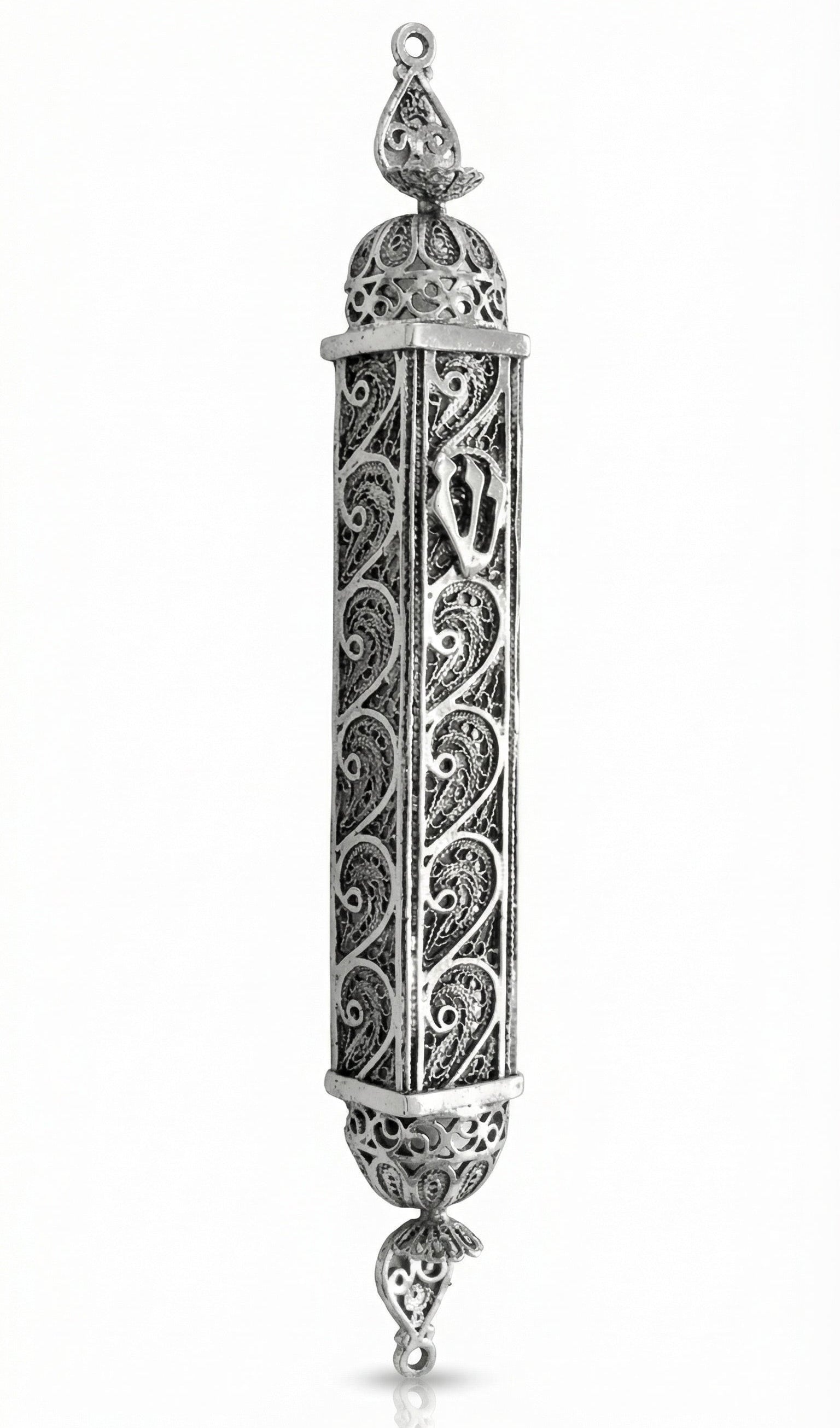 Sterling silver Mezuzah with wave design, featuring filigree leaf and Sha-dai, handcrafted with historical Italian silversmith techniques, on a white background.